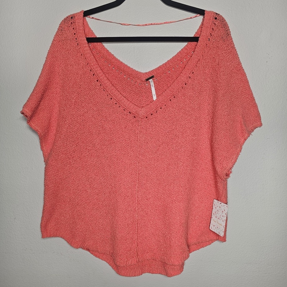 Free People Medium Oversized Cropped Coral‎ Open Knit Sweater Top Frayed Sleeves
